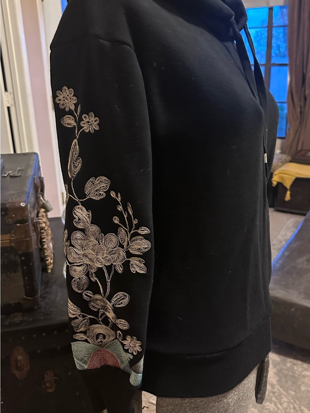 GG Black Hoodie with Intricate Floral Embroidered Sleeves